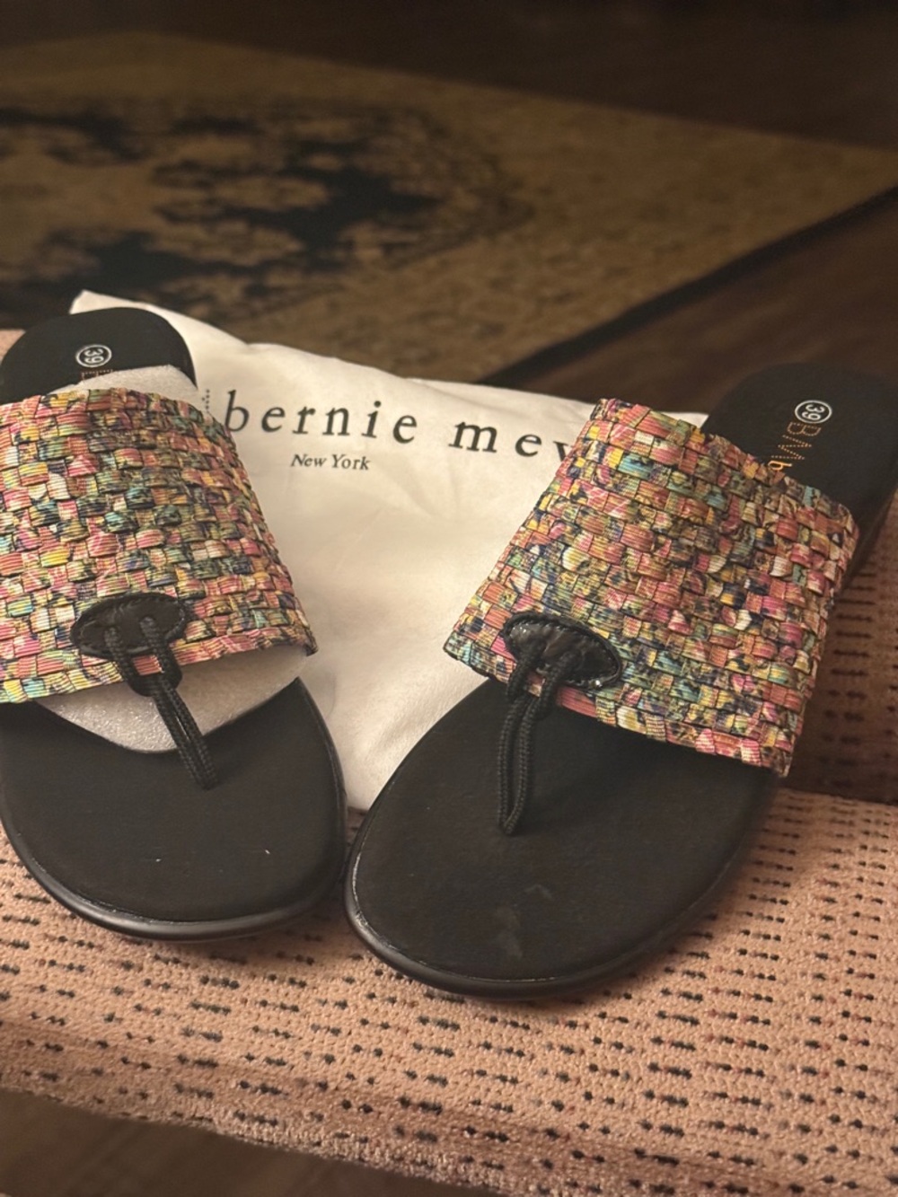 bernie mev. Black Footbed Multicolor Woven Toe-Loop Slides